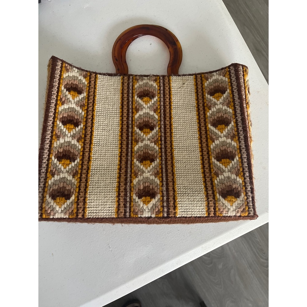 Vintage 70s Needlepoint Tote Bag Geometric Brown Tan Tortoise Shell Handle Boho